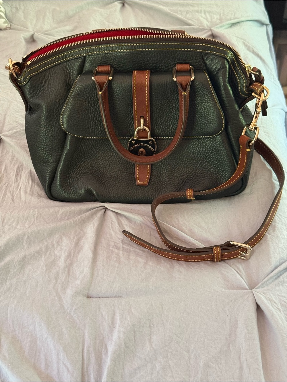 Dooney & Bourke Dark Green Pebbled Leather Satchel with Brown Trim